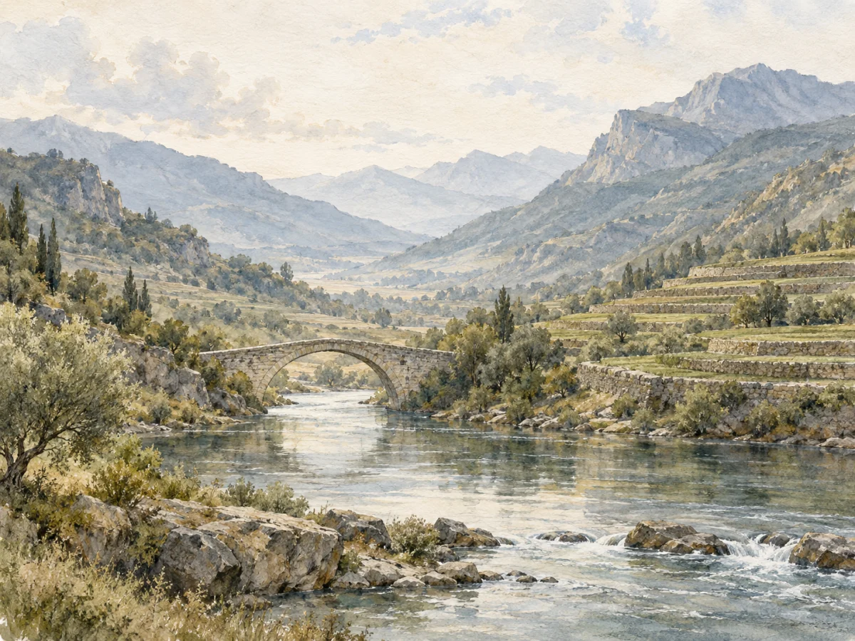 An original watercolor landscape of a quiet river, a stone bridge and terraced hills.