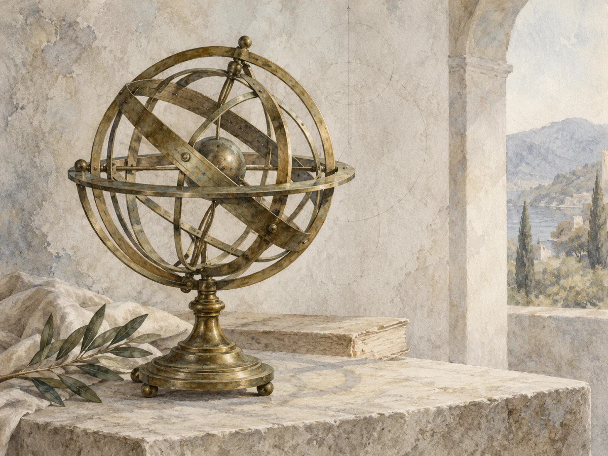 An original watercolor study of a brass armillary sphere and its connected rings.