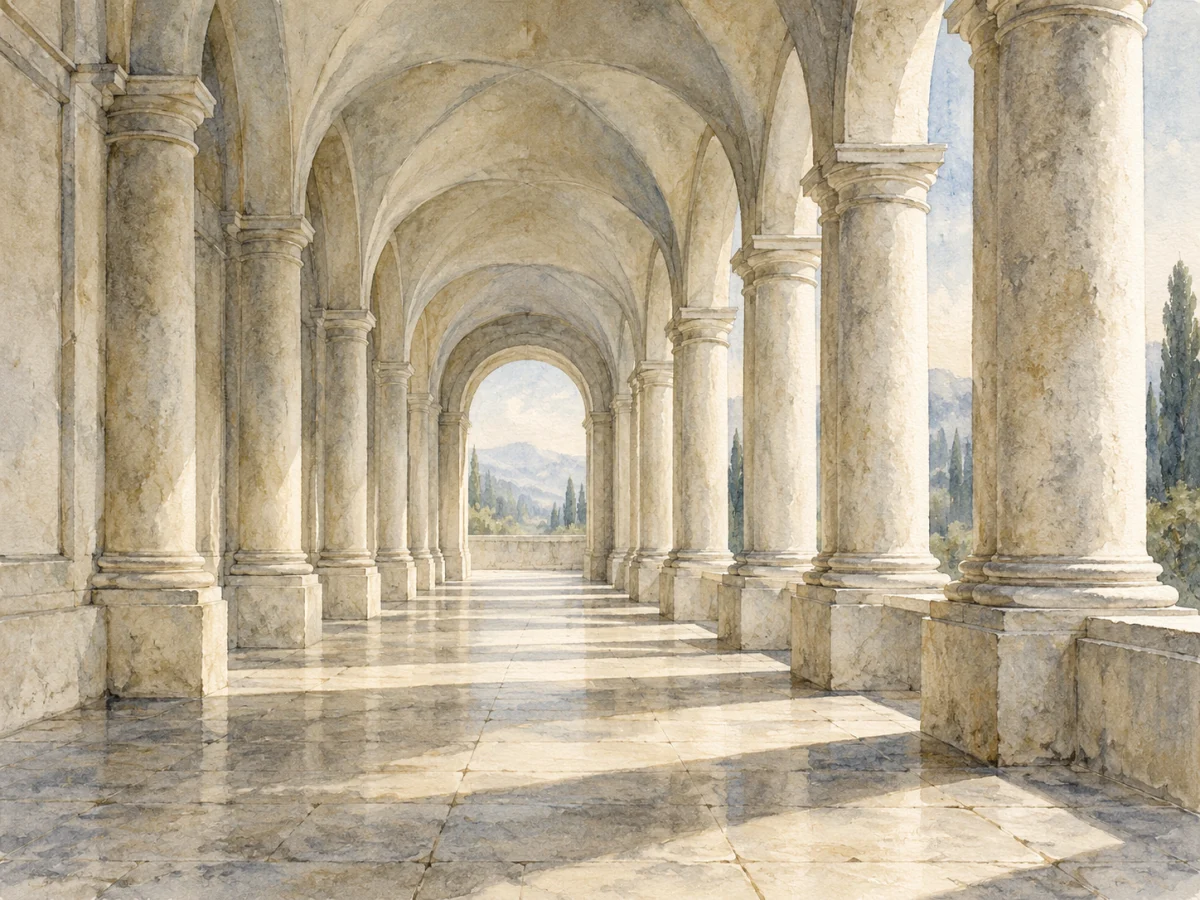 An original watercolor study of a stone colonnade opening toward the light.